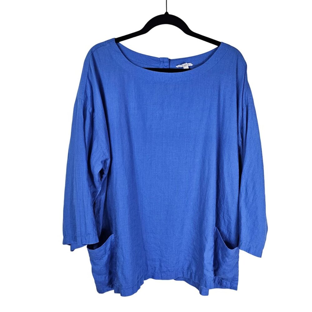 Eileen Fisher Blue Scoop Neck Linen Blend Pocket Tunic